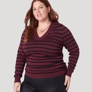 Fitted Long-Sleeve V-Neck Ruched Pullover Sweater Striped Size 18/20